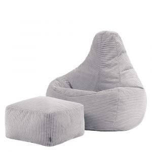 Pouf poire &agrave; dossier haut avec repose-pied velours c&ocirc;tel&eacute; gris clair