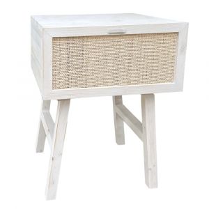 Table de chevet en bois massif et raphia naturel blanc vieilli 45cm