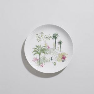 Assiette &agrave; dessert en porcelaine verte, blanche et rose