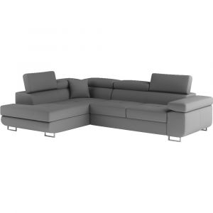Canap&eacute; d'angle gauche convertible simili cuir 5 places, gris fonc&eacute;