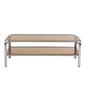 Meuble TV verre tremp&eacute; orange fonc&eacute; et structure en chrome