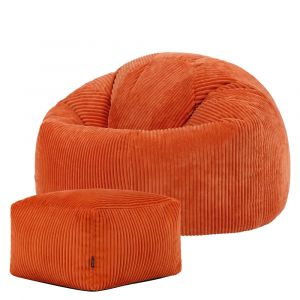 Pouf avec repose-pied carr&eacute; velours c&ocirc;tel&eacute; orange terracotta