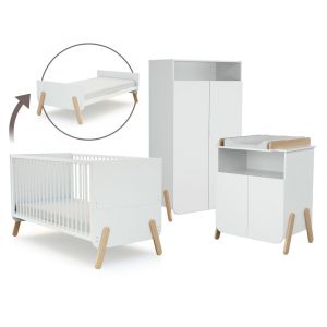 Chambre b&eacute;b&eacute; lit, commode &agrave; langer et armoire Blanc et H&ecirc;tre Verni