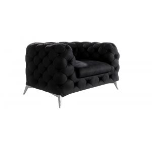 Fauteuil Chesterfield en velours avec pieds en m&eacute;tal argent&eacute;, noir