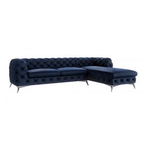 Canap&eacute; d&rsquo;angle Chesterfield en velours, pieds en m&eacute;tal argent&eacute;, bleu
