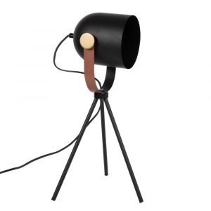 Lampe projecteur tr&eacute;pied en m&eacute;tal noir, dor&eacute; et marron