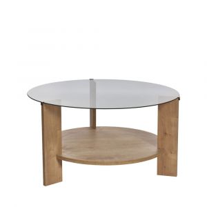 Table basse ronde en verre fum&eacute; et bois &oslash;75cm - Bois clair