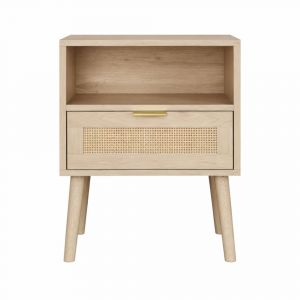 Table de chevet boh&egrave;me effet ch&ecirc;ne tiroir en rotin poign&eacute;e dor&eacute;e