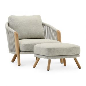 Fauteuil et pouf de teck et corde beige