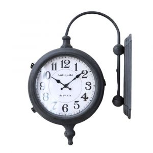 Horloge murale gare double face d&eacute;corative vintage m&eacute;tal gris 57cm