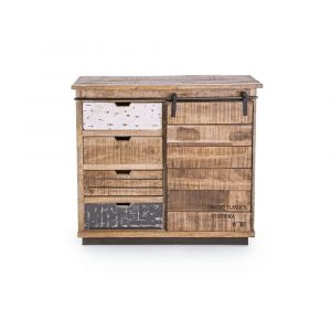 Buffet bas en bois de manguier et m&eacute;tal 1 porte coulissante 4 tiroirs