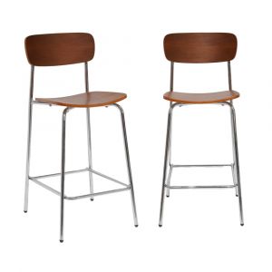 Tabouret de bar vintage effet noyer et pieds m&eacute;tal chrom&eacute; (lot de 2)