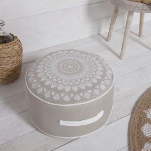 Pouf rond imprim&eacute; ethnique coton  45x20 cm Beige