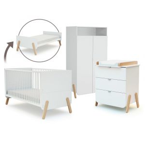 Lit b&eacute;b&eacute; &eacute;volutif, commode &agrave; langer et armoire Blanc H&ecirc;tre Verni