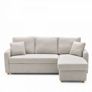 Canap&eacute; d'angle convertible 3 places en tissu avec coffre - Beige chin&eacute;