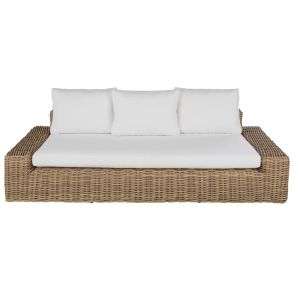 Canap&eacute; de jardin 3/4 places en r&eacute;sine tress&eacute;e recycl&eacute; imitation rotin et coussins blancs en polyester recycl&eacute;