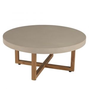 Table basse ronde 92x92cm en b&eacute;ton beige pieds crois&eacute;s en teck D92