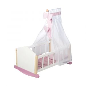 Berceau poup&eacute;e en bois avec habillage textile blanc / rose