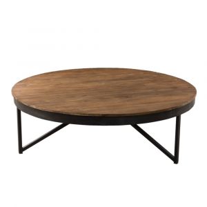 Table basse ronde en teck recycl&eacute; pieds m&eacute;tal D110