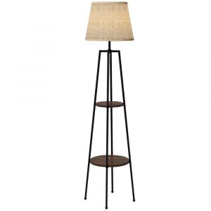 Lampadaire design 2 &eacute;tag&egrave;res H.166 cm m&eacute;tal aspect bois tissu beige