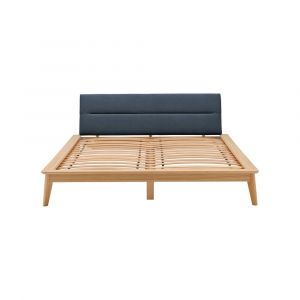 Lit effet bois avec tête de lit tissu bleu foncé 160 x 200 cm
