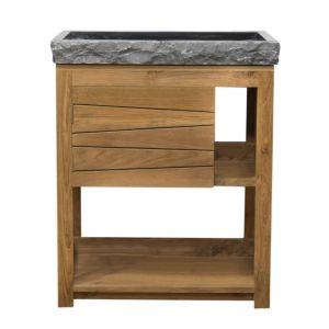 Meuble sous vasque en teck et vasque marbre noir L67cm