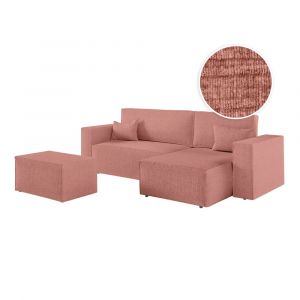 Canap&eacute; d'angle convertible avec pouf en tissu textur&eacute; 3D - Rose