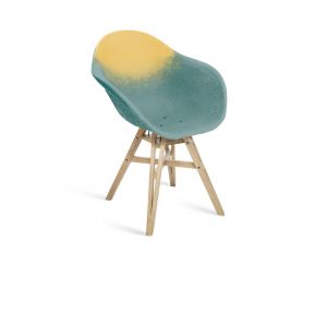 Fauteuil en plastique recyclé jaune bleu, pied en chêne français