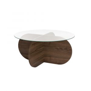 Table basse pieds crois&eacute;s et plateau en verre D75 cm - Effet Noyer
