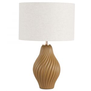 Lampe en c&eacute;ramique stri&eacute;e vert kaki et abat-jour en tissu beige cr&egrave;me