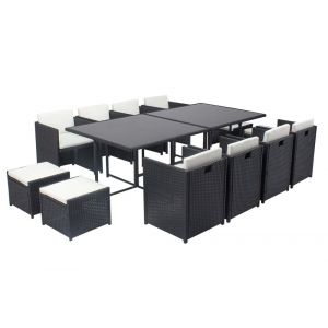 Table et chaises 12 places encastrables résine noir-blanc