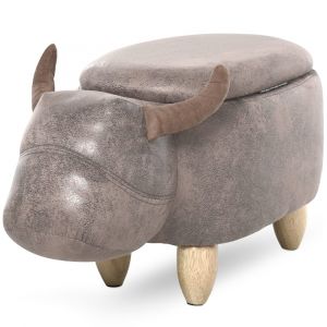 Pouf taureau coffre de rangement 2 en 1 bois d'h&eacute;v&eacute;a marron