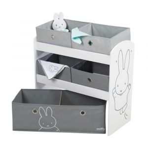 &Eacute;tag&egrave;re enfant pour jouets en bois blanc + 5 bacs en tissu gris