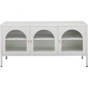 Meuble TV 3 portes en acier blanc et verre texturé