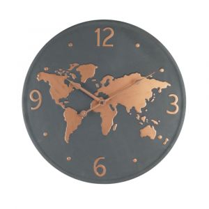 Horloge murale carte du monde en m&eacute;tal gris fonc&eacute; et cuivre &oslash; 45 cm