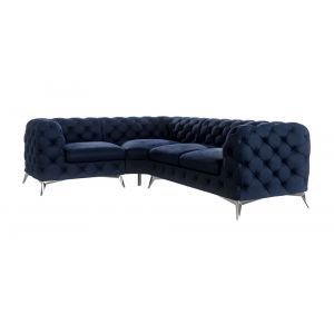 Canap&eacute; d&rsquo;angle Chesterfield en velours, pieds en m&eacute;tal argent&eacute;, bleu