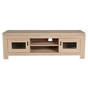 Meuble TV bas moderne en ch&ecirc;ne blanchi 2 portes 2 niches