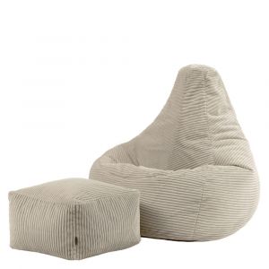 Pouf poire inclinable avec repose-pied velours c&ocirc;tel&eacute; beige galet