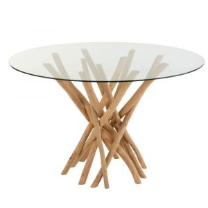 Table &agrave; manger ronde 120cm en verre pieds bois MANILLE naturel