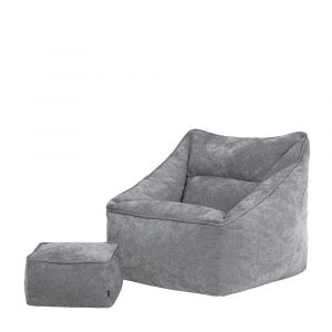Pouf fauteuil et repose-pied carré en tissu chenille texturé gris