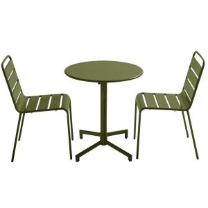 Ensemble table de jardin et 2 chaises en m&eacute;tal vert kaki