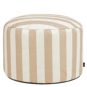 Pouf repose-pieds rond en tissu imprim&eacute; rayures beige taupe