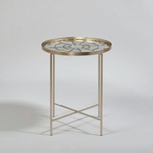 Bout de canap&eacute; en acier dor&eacute; et plateau miroir en verre