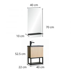 Ensemble lave-mains  m&eacute;tal et bois avec miroir &agrave; tablette