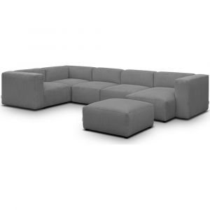 Canap&eacute; modulable panoramique 6 places, m&eacute;ridienne droite + pouf gris