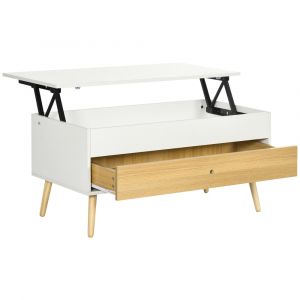 Table basse relevable - tiroir, coffre - blanc aspect bois clair