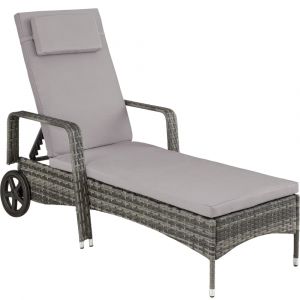Bain de soleil transat en rotin Coussin amovible et roulettes gris