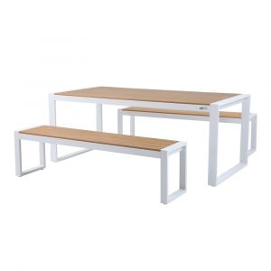 Salon de jardin, 6 personnes en aluminium et polywood, blanc/marron