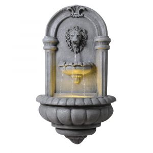 Fontaine murale ext&eacute;rieure t&ecirc;te de lion LED, 81cm, Gris