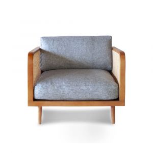 Fauteuil en cannage marron et tissu gris